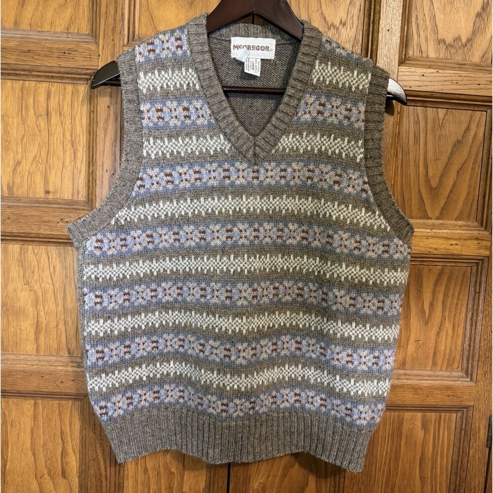 Vintage McGregor Sweater Vest Men's Large Taupe Wool Blend Knit Geometric Preppy